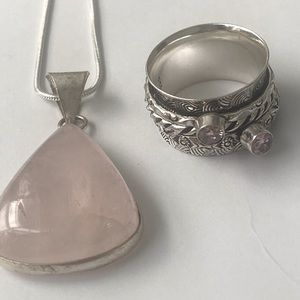 Beautiful, natural new, rose quart pendant on chain and pink kunzite ring